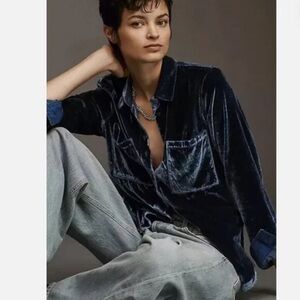 Anthropologie PILCRO Long Sleeves Blue Velour Button Down Blouse